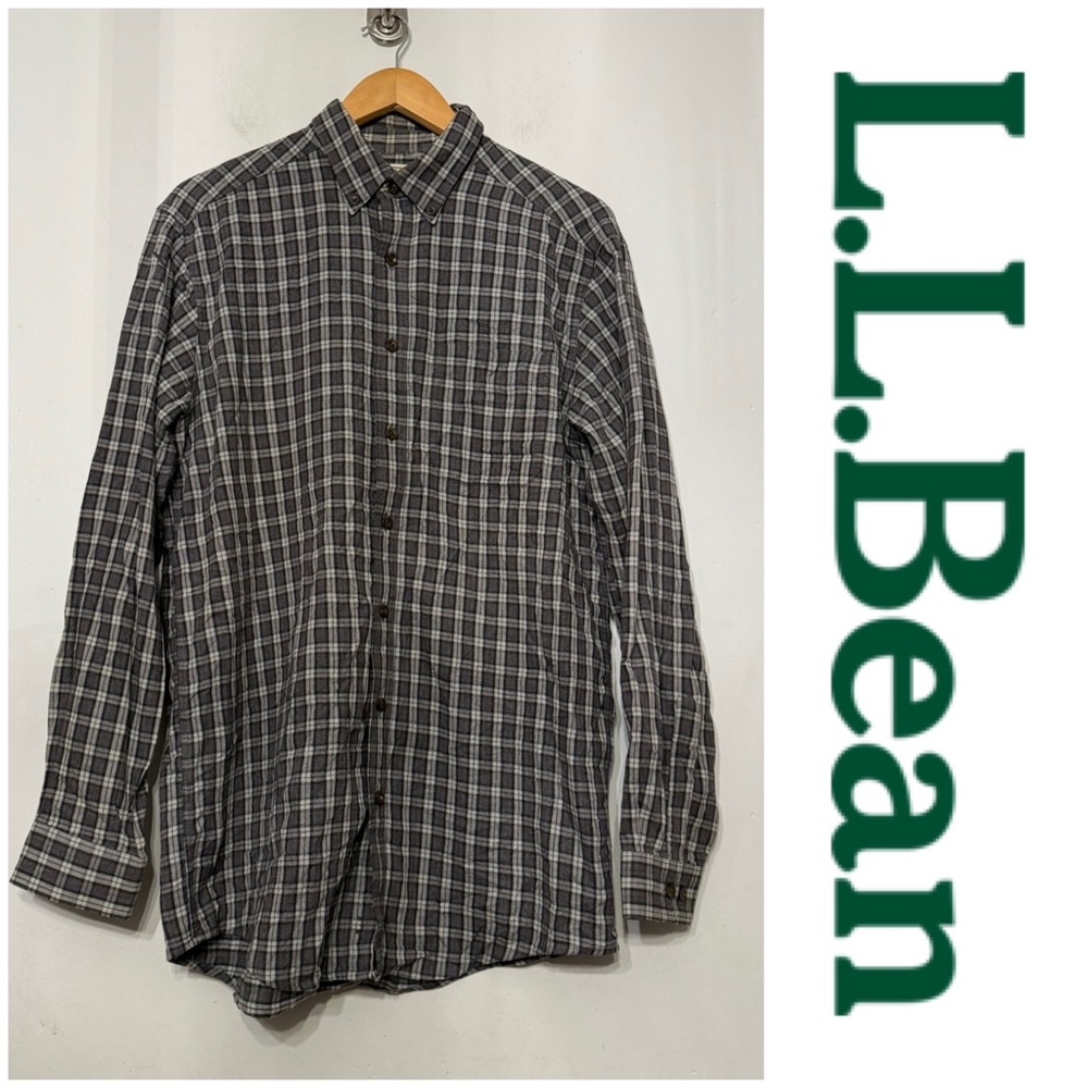 L.L. Bean Men’s Scotch Plaid Flannel‎ Shirt Made in Peru Gray Medium Tall